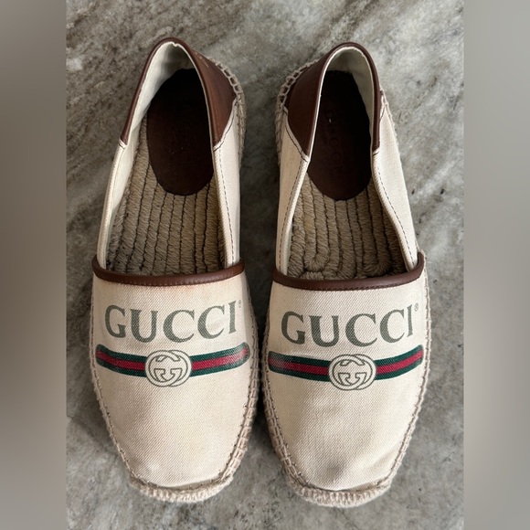 GUCCI Espadrilles Beige/ Cream Canvas With Web & Logo Leather Trim7/ 7.5 US